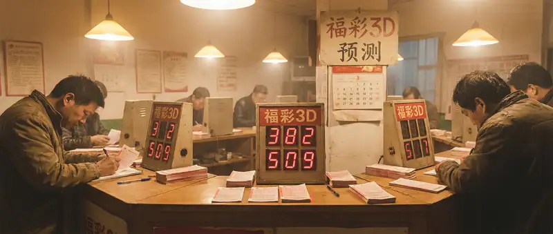 怀旧投注站场景，彩民们在温馨的灯光下研究号码